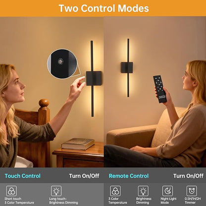 Battery Operated Wall Sconce Set of 2, 8000mAh Wireless Wall Sconces, 3000K-6000K Dimmable, 350°Rotate, Indoor Wall Lights with Remote for Bedroom Living Room Bathroom, Black, 23.6 Inch