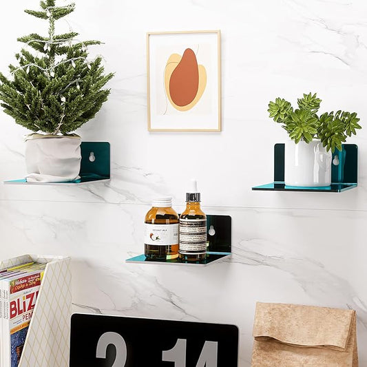 Acrylic Wall Shelves,Clear 4 inch Floating Shelves for Display,Ledges Pop Figures,Plant,Tiny Wall Mounted Transparent Shelf Small Invisible Shelves with Adhesive for Bedroom Living Room Decoration
