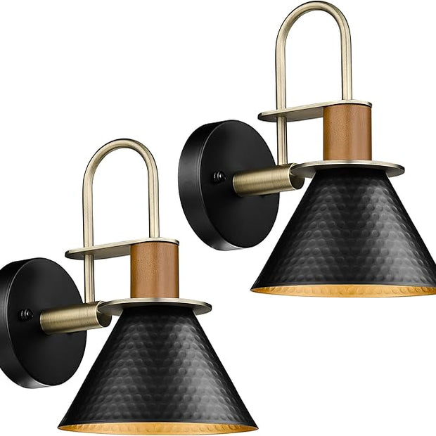 Modern Wall Sconces Set of Two, HWH Industrial Sconce Wall Lighting 1-Light, Brass Barn Wall Vanity Light for Bedroom Kitchen, Hammered Metal Shade, Black and Gold Finish, 5HZG74B-2L BK+BG