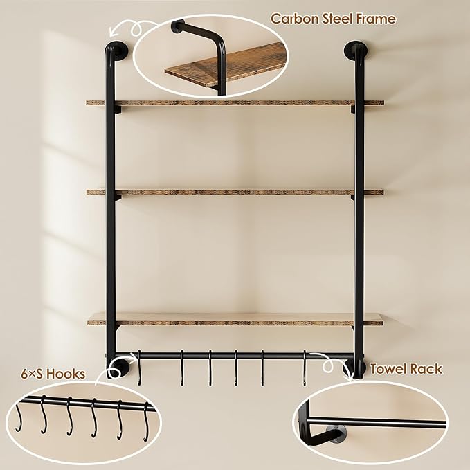 3 Tier Industrial Pipe Shelving, 24" Kitchen Shelves Wall Mounted with 6 Hooks, Coffee Bar Shelves Display Bookshelf Wall Shelf for Bedroom, Bathroom, Home Décor, Rustic Brown