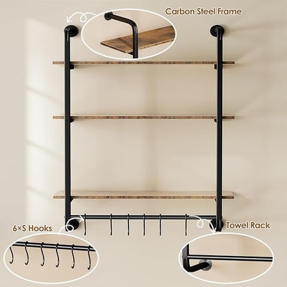3 Tier Industrial Pipe Shelving, 24" Kitchen Shelves Wall Mounted with 6 Hooks, Coffee Bar Shelves Display Bookshelf Wall Shelf for Bedroom, Bathroom, Home Décor, Rustic Brown
