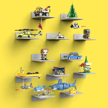 BlissBox 12-Pack Floating Display Shelves for Wall Compatible with Lego Building Bricks, 5 × 5.5 Inch Dual-Sided 16 × 17 Studs for Brick Storage and Display, ABS Display Shelf for Room Decor, Gray