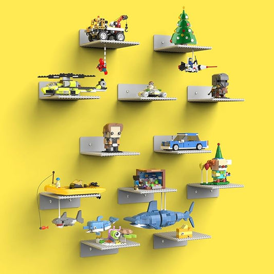 BlissBox 12-Pack Floating Display Shelves for Wall Compatible with Lego Building Bricks, 5 × 5.5 Inch Dual-Sided 16 × 17 Studs for Brick Storage and Display, ABS Display Shelf for Room Decor, Gray
