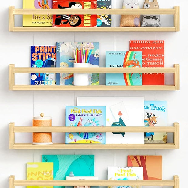 Forbena Natural Wood Nursery Bookshelves for Wall, 24 Inches Long Floating Book Shelves, Wall Mounted Bookcase for Baby Teen Girl Boy Kids Room Bedroom, Playroom Organizer, Bathroom Decor (4-Pack)