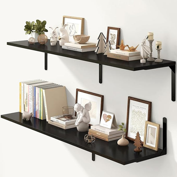 Fun Memories Floating Shelves for Wall, 12 Inch Deep Floating Shelves Set of 2, Wall Mounted Shelf with Metal Brackets, Rustic Wood Wide Shelf for Bathroom, Kitchen and Living Room, Black, 55W x 12D