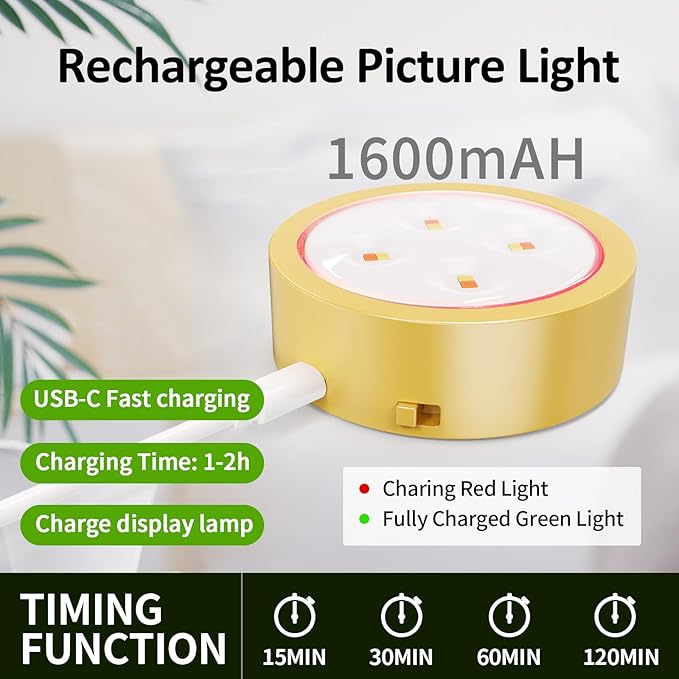 3-Pack Picture Lights for Wall, Rechargeable Battery Magnetic Poster Lights with Remote Dimmable 3-Color Temps & Timer, LED Art Display Lighting for Paintings, Frames & Wall Art Decor (Gold)