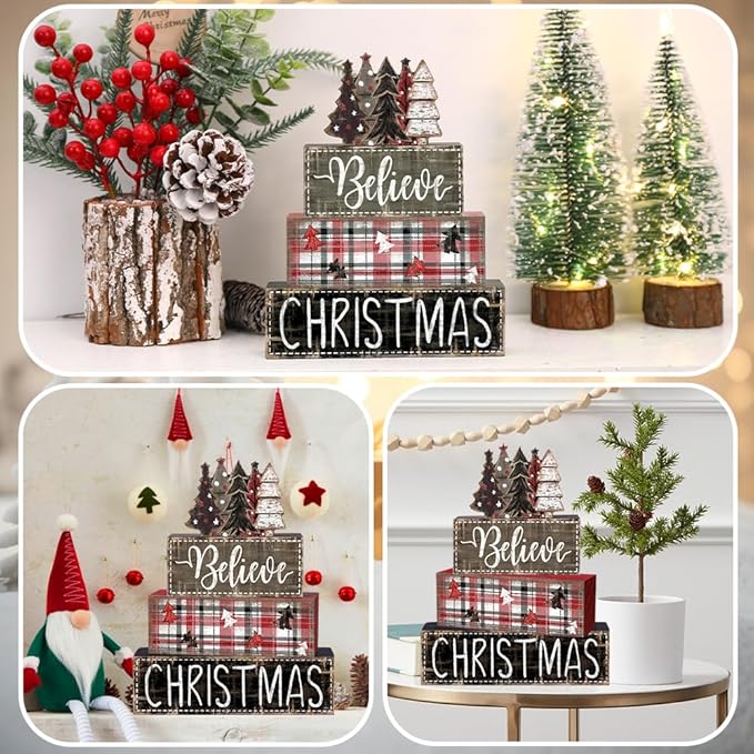 DIYDEC 4Pcs Christmas Table Decoration Christmas Tree Wooden Block Sign Xmas Tiered Tray Decor Winter Centerpiece Decorative Sign for Holiday Tabletop Coffee Fireplace Shelf Desk Party Decor