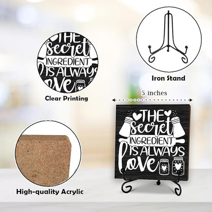 5'' Rustic Kitchen Wooden Sign With Metal Stand - The Secret Ingredient Is Always Love - Wooden Plaque Tabletop Decor Gifts For Friends Family Coworkers - Home Desk Kitchen Decor & Supplies - B01