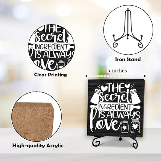 5'' Rustic Kitchen Wooden Sign With Metal Stand - The Secret Ingredient Is Always Love - Wooden Plaque Tabletop Decor Gifts For Friends Family Coworkers - Home Desk Kitchen Decor & Supplies - B01