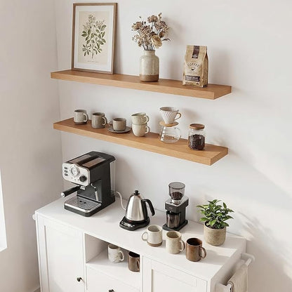 INHABIT UNION 31.5in Floating Shelves for Wall, Wall Mounted Shelves for Decor Storage Set of 2, Floating Shelf for Bedroom, Bathroom, Living Room and Kitchen（Beech）