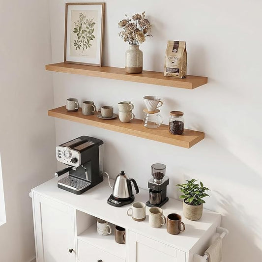 INHABIT UNION 31.5in Floating Shelves for Wall, Wall Mounted Shelves for Decor Storage Set of 2, Floating Shelf for Bedroom, Bathroom, Living Room and Kitchen（Beech）