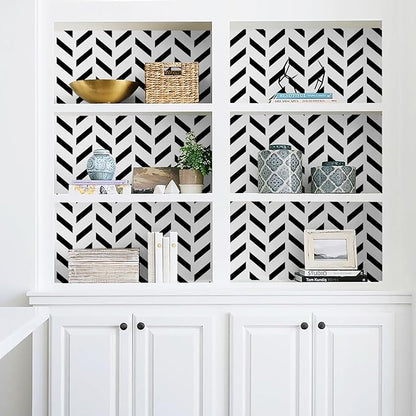 Black and White Peel and Stick Wallpaper Striped Wallpaper Herringbone Contact Paper Self Adhesive Waterproof Vinyl Roll for Bathroom Kitchen Backsplash Cabinets A Set of 17.3"x400"