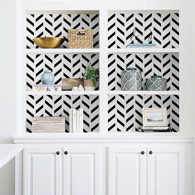 Black and White Peel and Stick Wallpaper Striped Wallpaper Herringbone Contact Paper 17.3