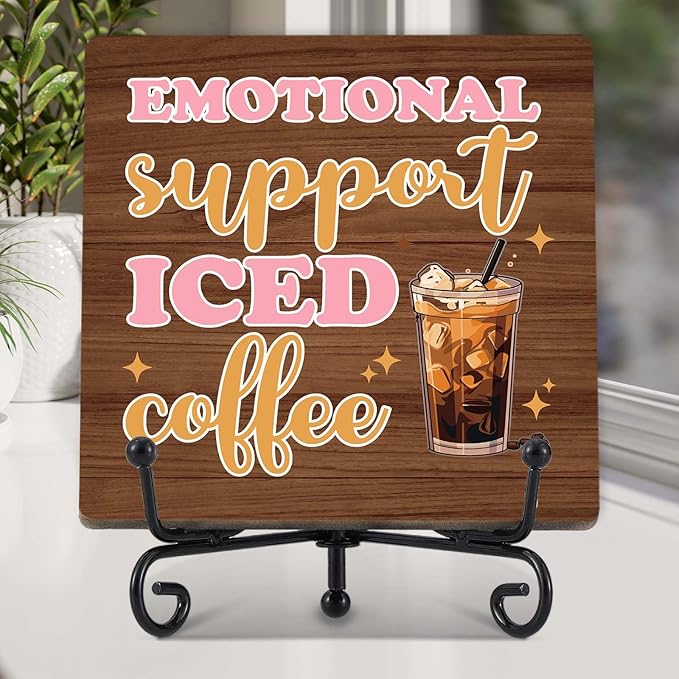 Coffee Bar Decor, Farmhouse Kitchen Table Decor, Coffee Station Accessories, Wooden Decorative Sign with Iron Stand for Table Desk Shelf Display-E30