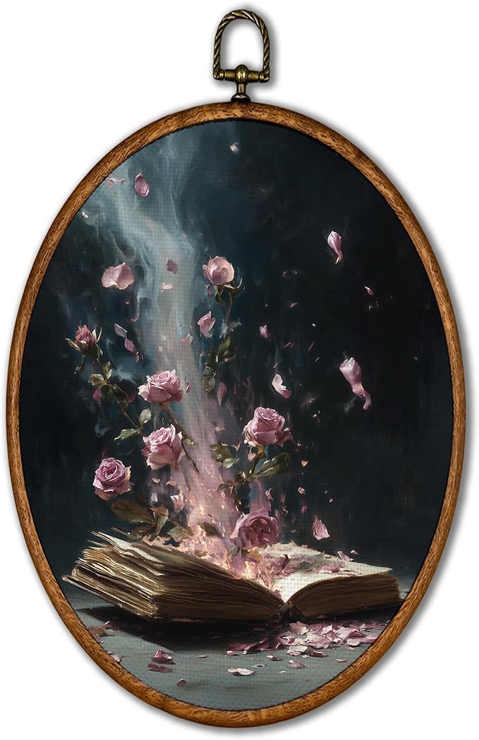 KSDUT Retro Flower Book Wall Art Decor - Botanical Neutral Mid Century Modern Wall Art Canvas Frame Hanging Prints, Vintage Dark Academia Rose Oval Artwork Decor for Home Decorations 8.6"x11.4"