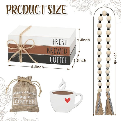 Coffee Bars Decor, 6 PCS Coffee Bar Decorations,Mini Wooden Book Stacks with Bead Garland, Coffees Bar Accessories for Tiered Tray,Table,Shelf,Rustic Farmhouse Home Decor