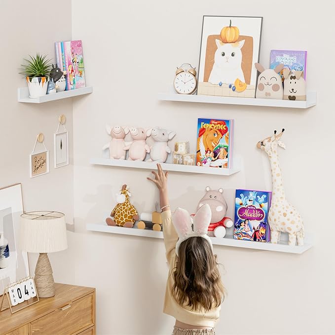 Heimlove 16 Inch Picture Ledge Shelf with Lip Set of 8,White Floating Shelves for Wall,Wall Shelves in Varying Depths for Living Room Bedroom Bookshelf Photo Frames Nursery Book Shelves for Storage