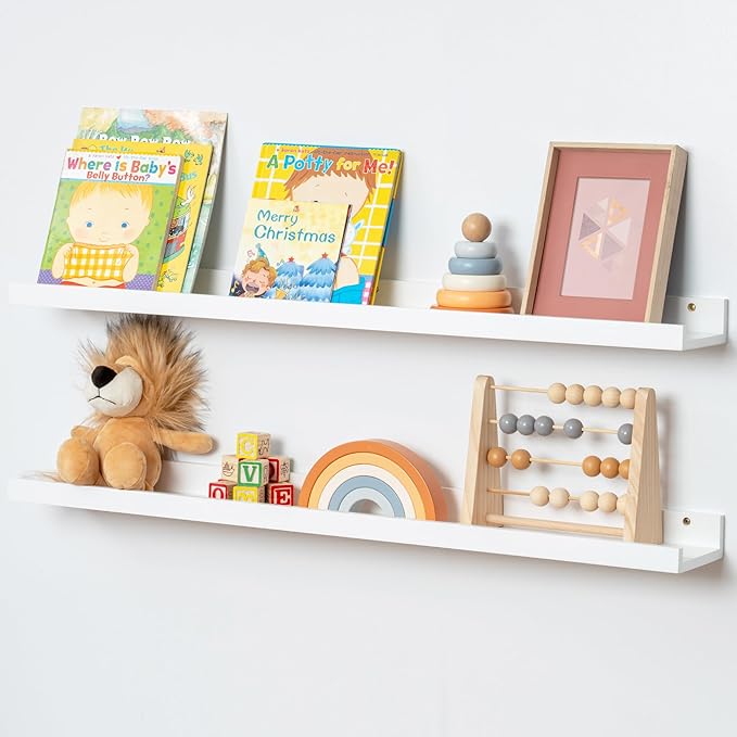 Picture Ledge Shelf for Wall, 36 inch Solid Ash Wood Nursery Book Shelves 2 Packs, Floating Shelves for Kids' Room Bedroom Bathroom Living Room Photo Frames Office Nursey Wall Decor, White