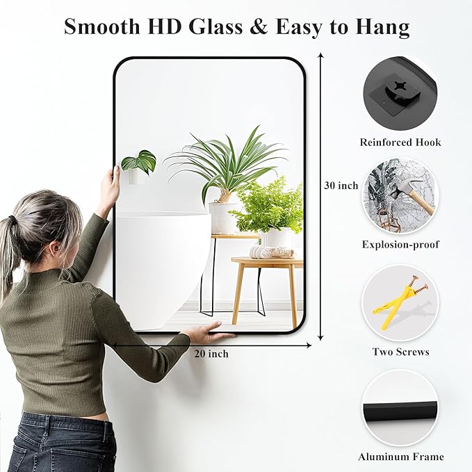 Fabuday Black Bathroom Mirror for Over Sink - 20x30 Matte Metal Framed Wall Mirror, Rounded Rectangular Vanity Mirrors for Living Room, Bedroom, Entryway, Hallway, Horizontally/Vertically