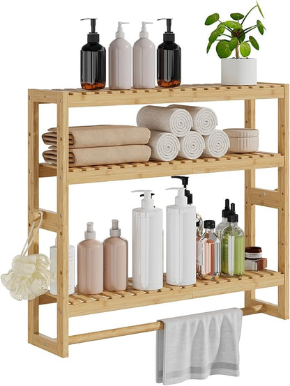 RRX Bathroom Shelf Storage Organizer, Bathroom Shelf 3-Tier Adjustable Layer Bamboo Organizer with Bar, Hanging, Freestanding Over Toilet Utility Shelves, Beige