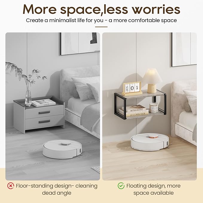 Floating Nightstand Set of 2, Wood Bedside Shelf Wall Mounted Nightstand with Heavy-Duty Frame, Floating Bedside Table for Bedroom, Bathroom, Kitchen, (Vintage Grey, 2 Pack)