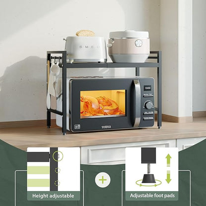 NETEL Expandable Microwave Stand,2 Tier Metal Kitchen Countertop Organizer Shelves with 8 Hooks,Bakers Rack,Microwave Shelf,Microwave Oven Rack,55lbs Weight Capacity