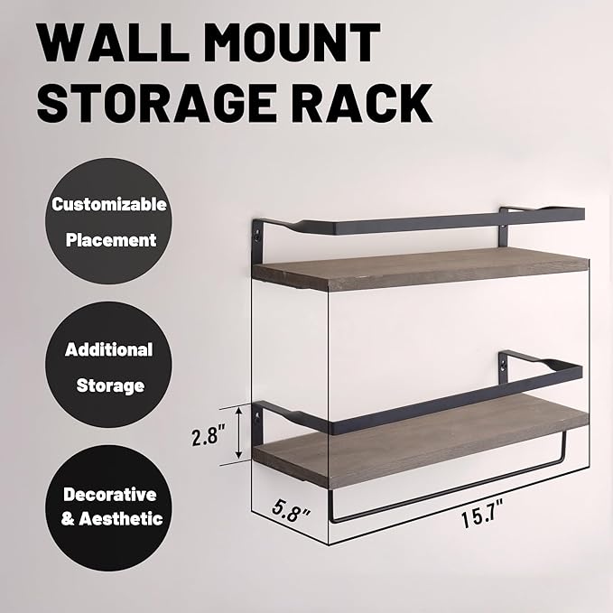 Elevon Floating Shelves for Bathroom Organizer Over Toilet, Bathroom Shelves Wall Mounted with Towel Rack, Corner Wall Shelf for Bedroom Decor Kitchen Storage (Gray, Set of 2)