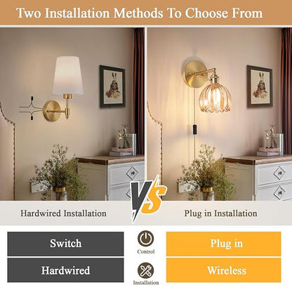 Plug-in Wall Sconce, Vintage Wall Decorative Lamp with Amber Glass Shade, Indoor Plug-in Wall Sconce for Bedroom, Living Room, Hallway