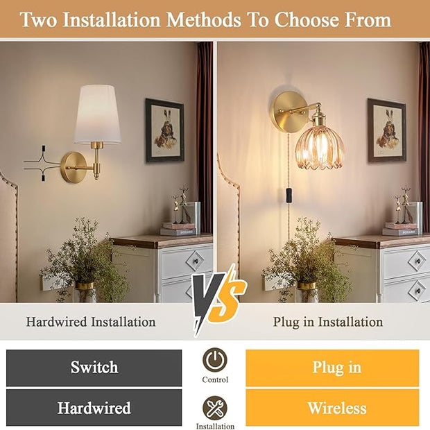 Plug-in Wall Sconce, Vintage Wall Decorative Lamp with Amber Glass Shade, Indoor Plug-in Wall Sconce for Bedroom, Living Room, Hallway