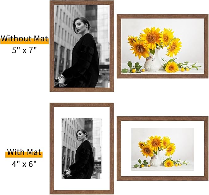 puthiac 5x7 Solid Oak Wood Picture Frame, Fits 4x6 with Mat or 5x7 Without Mat, Wall or Tabletop Display with Stand, Vertical or Horizontal, Plexi Front, 3 Pack, Walnut