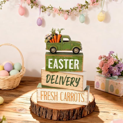 Easter Decorations - Easter Truck Tiered Tray Decor Set - Wooden Farm Fresh Carrots Tabletop Decoration - Rustic Farmhouse Spring Home Decor Indoor for Tiered Tray Shelf Mantel Coffee Table Gift - Spring Home Decor for Living Room, Kitchen Counter