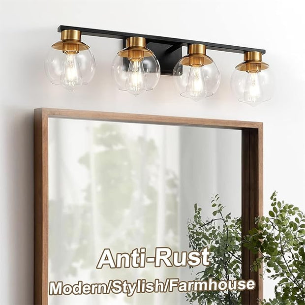 PAZALA Black Gold Bathroom Light Fixtures Over Mirror 4-Lights Vanity Light Wall Sconce with Globe Glass Shade, E26 Base, Perfect for Hallway Picture Wall Lighting Bathroom Bedroom Mirror Living Room