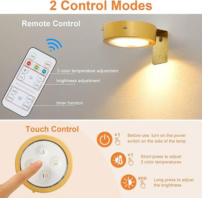3Pcs Rechargeable Picture Lights,Battery Operated Wall Lights for Pictures with Remote Dimmable and Timer, 3 Lighting Modes Wireless Art Display Light for Picture Frame Paintings-Gold