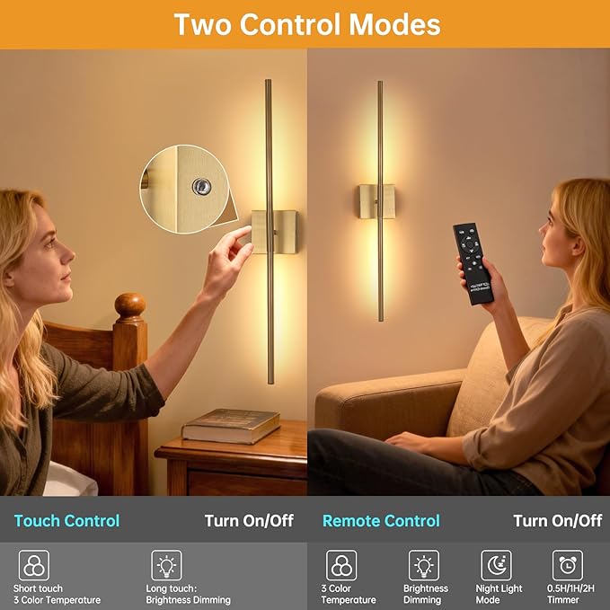 Battery Operated Wall Sconce Set of 2, 10400mAh Rechargeable Wall Sconces, 3000K-6000K Dimmable, 350°Rotate, Indoor Wall Lights for Bedroom Living Room Bathroom, Gold, 31.5 Inch