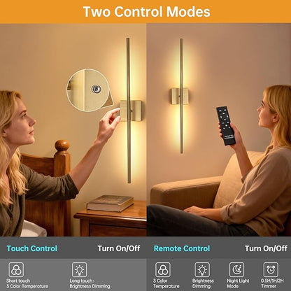 Battery Operated Wall Sconce Set of 2, 10400mAh Rechargeable Wall Sconces, 3000K-6000K Dimmable, 350°Rotate, Indoor Wall Lights for Bedroom Living Room Bathroom, Gold, 31.5 Inch