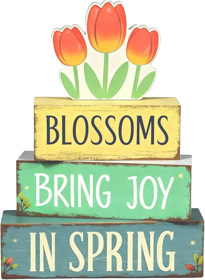 Spring Decoration Wooden Tiered Tray Decor – Tulip Blossoms Spring Stacked Block Sign with Floral Accent – Farmhouse Tabletop Spring Decor for Shelf Mantel Seasonal Home Display
