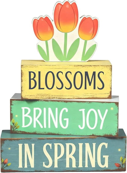 Spring Decoration Wooden Tiered Tray Decor – Tulip Blossoms Spring Stacked Block Sign with Floral Accent – Farmhouse Tabletop Spring Decor for Shelf Mantel Seasonal Home Display