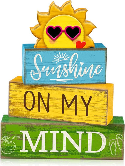 4 Pcs Summer Table Decor Wooden Sunshine Beach Tiered Tray Decor Rustic Farmhouse Sunshine Block Signs Gifts Summer Table Centerpieces for Home Kitchen Coffee Bar Shelf Office Decorations
