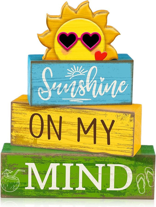 4 Pcs Summer Table Decor Wooden Sunshine Beach Tiered Tray Decor Rustic Farmhouse Sunshine Block Signs Gifts Summer Table Centerpieces for Home Kitchen Coffee Bar Shelf Office Decorations
