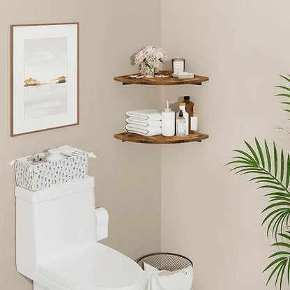Homode Corner Shelf Wall Mount, 12 Inch Wood Floating Corner Shelves with Cord Hole, Set of 2 Large Corner Hanging Shelves for Bathroom Bedroom Kitchen, Rustic Brown