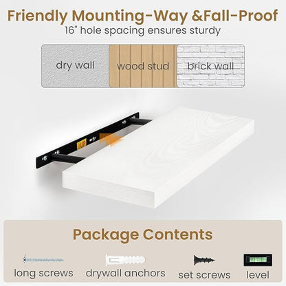 Fun Memories White Floating Shelves 36 Inch Long, 9.3 Inch Deep Floating Shelf 2 Pack for Wall Bathroom, Living Room, Kitchen, Large Long Wall Shelves with Heavy-Duty Bracket for Books Decor