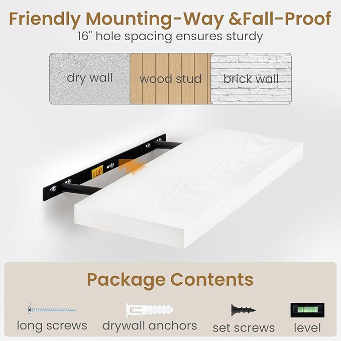 Fun Memories White Floating Shelves 36 Inch Long, 9.3 Inch Deep Floating Shelf 2 Pack for Wall Bathroom, Living Room, Kitchen, Large Long Wall Shelves with Heavy-Duty Bracket for Books Decor