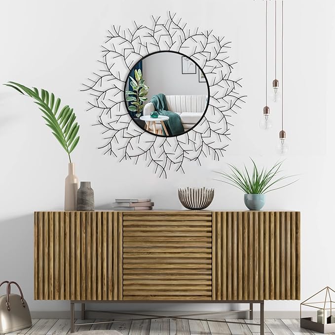 POZINO Round Wall Mirror, 30 Inch Circle Mirrors for Wall Decor, Black Metal Framed Accent Mirrors for Living Room Bedroom Entryway
