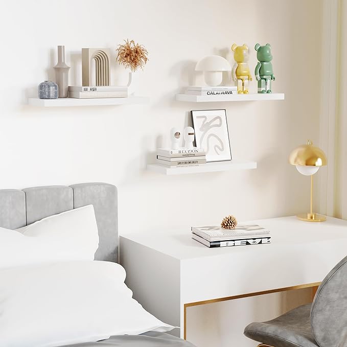 Floating Shelves for Wall, White Wood WallShelf Set of 3, 16