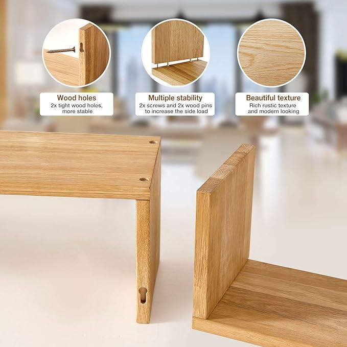HOMWOO Floating Shelf, FAS Grade Oak Solid Wood Floating Bookshelf U Shape Floating Wall Shelves for Bedroom,Living Room,Bathroom,Office,Kitchen 1 Pcs-(Natural,16inches)