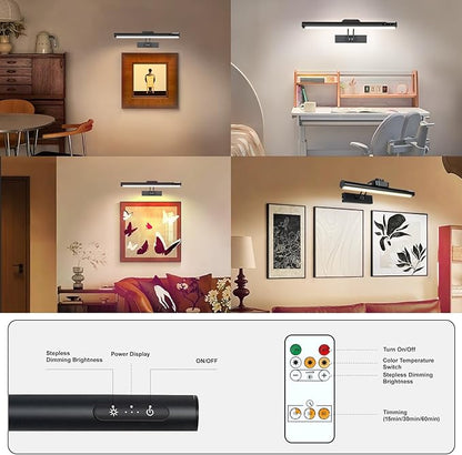 Magnetic Cordless Picture Light with Remote/Touch Control & Timer, 3CCT Dimmable, Angle Adjustable 16in Metal Wall Lights with 5000mAh Battery for Artwork, Painting, Portrait, Gallery, Photo, Black