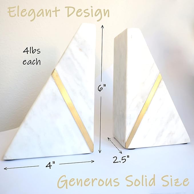 Marble Bookends Handcrafted Heavy Marble Triangular Bookshelf Decor Brass Inlay Set of 2 Decorative Bookends Book Stoppers with Non-Skid Bottom Solid Home Kitchen Office Shelves Triangle
