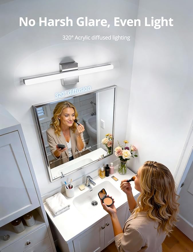 Combuh 24 Inch Chrome Vanity Light Fixtures for Mirror Long Led Bars for Bathroom, Modern No Glare 5 Color Adjustable Easy Install Rustproof Simple Slim Lighting Bright for Powder Room