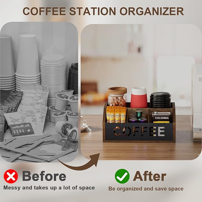 YINMIT Coffee Station Organizer for Countertop, Wood Coffee Bar Organizer with Removable Dividers for Pods, Syrup, Cups, Stirrer, Tea - Office Bar Accessories, Iron Sheet-Vintage Brown