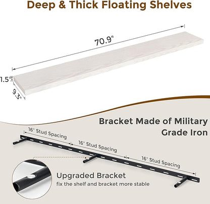 Fun Memories 72 Inch Long Floating Shelves for Wall, 72x9.3 Large Floating Shelf for Bedroom, Kitchen, Bathroom, Wall Mounted Rustic Wood Shelves with Invisible Bracket for Books, Decor, Brich